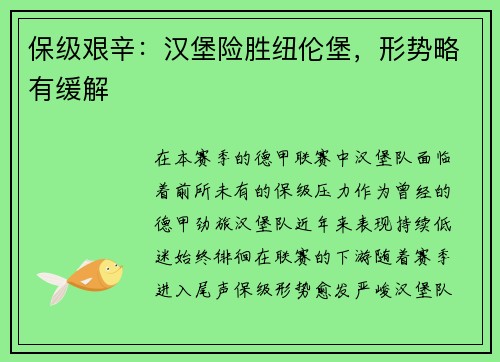 保级艰辛：汉堡险胜纽伦堡，形势略有缓解