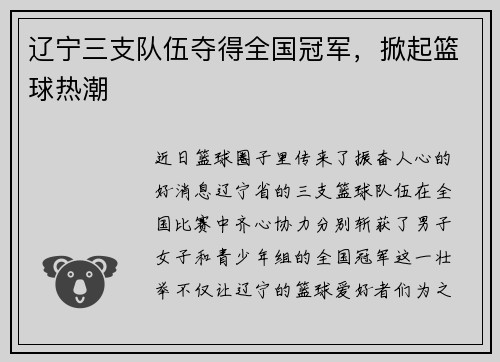 辽宁三支队伍夺得全国冠军，掀起篮球热潮