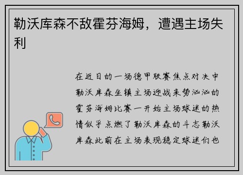 勒沃库森不敌霍芬海姆，遭遇主场失利
