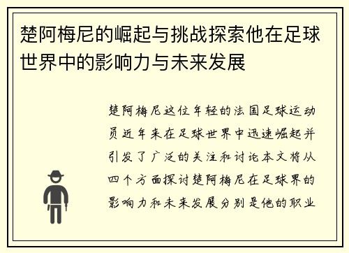 楚阿梅尼的崛起与挑战探索他在足球世界中的影响力与未来发展