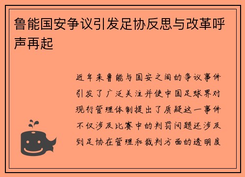 鲁能国安争议引发足协反思与改革呼声再起