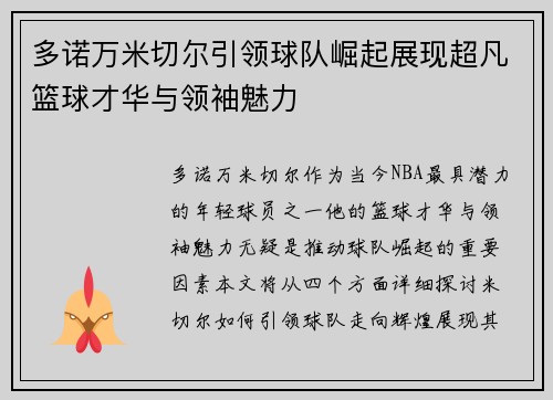 多诺万米切尔引领球队崛起展现超凡篮球才华与领袖魅力