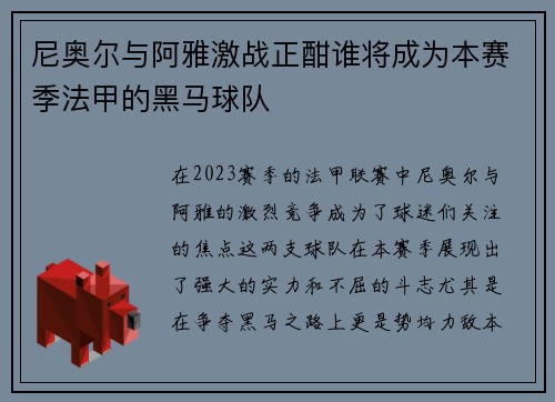 尼奥尔与阿雅激战正酣谁将成为本赛季法甲的黑马球队