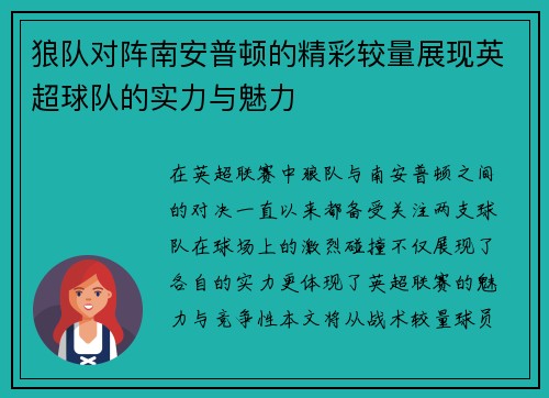 狼队对阵南安普顿的精彩较量展现英超球队的实力与魅力