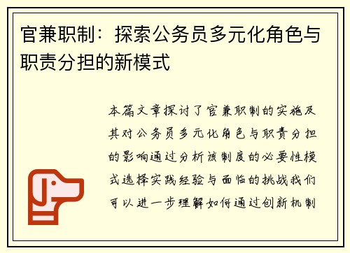 官兼职制：探索公务员多元化角色与职责分担的新模式