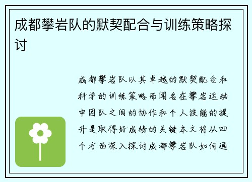 成都攀岩队的默契配合与训练策略探讨